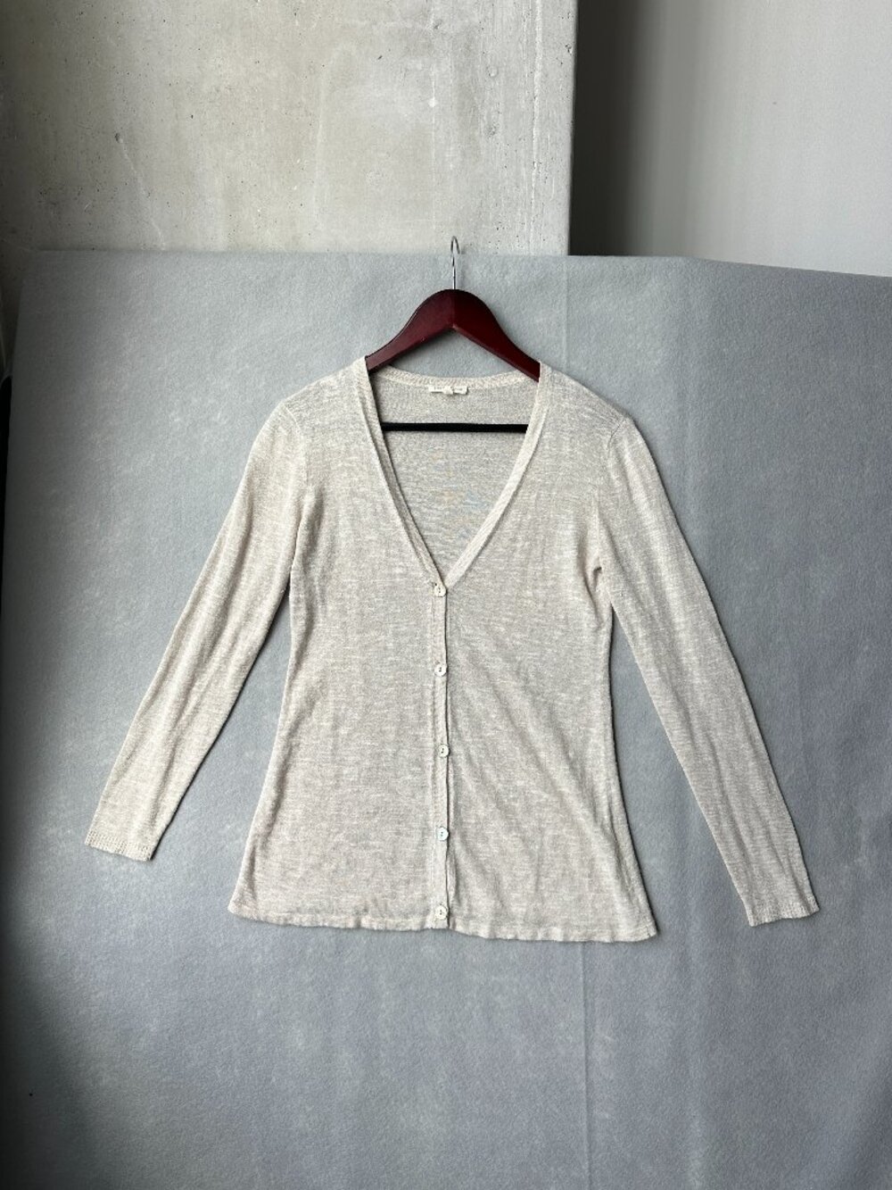 Eileen Fisher V-Neck Cardigan Womens XS Beige Linen Viscose Sweater